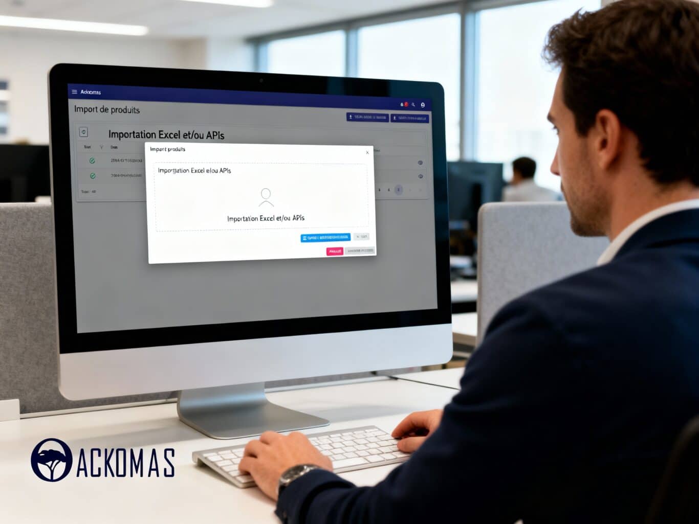 A man sits at a desk in an office, using a computer. The screen displays a software window for importing products via Excel and/or APIs. The ACKOMAS logo is visible in the lower left corner.