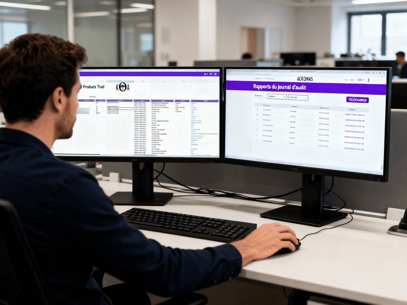 A person sits at a desk in an office, working on two large computer monitors displaying spreadsheets and audit reports. The workspace is modern and organized, with other desks visible in the background.