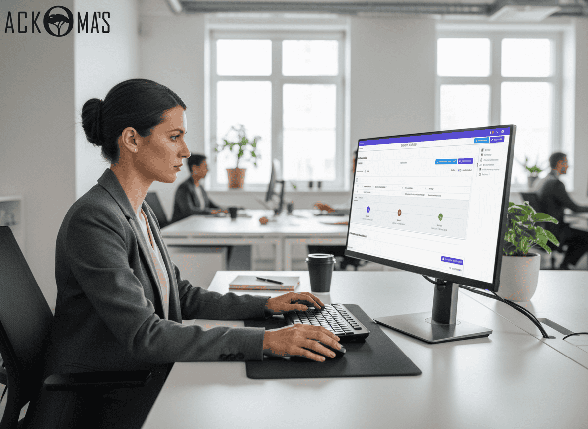 A woman in business attire works at a computer in a modern office. She is focused on her screen, which displays a dashboard. Other people are working at desks in the background. The logo "ACK MAS" is visible on the wall.