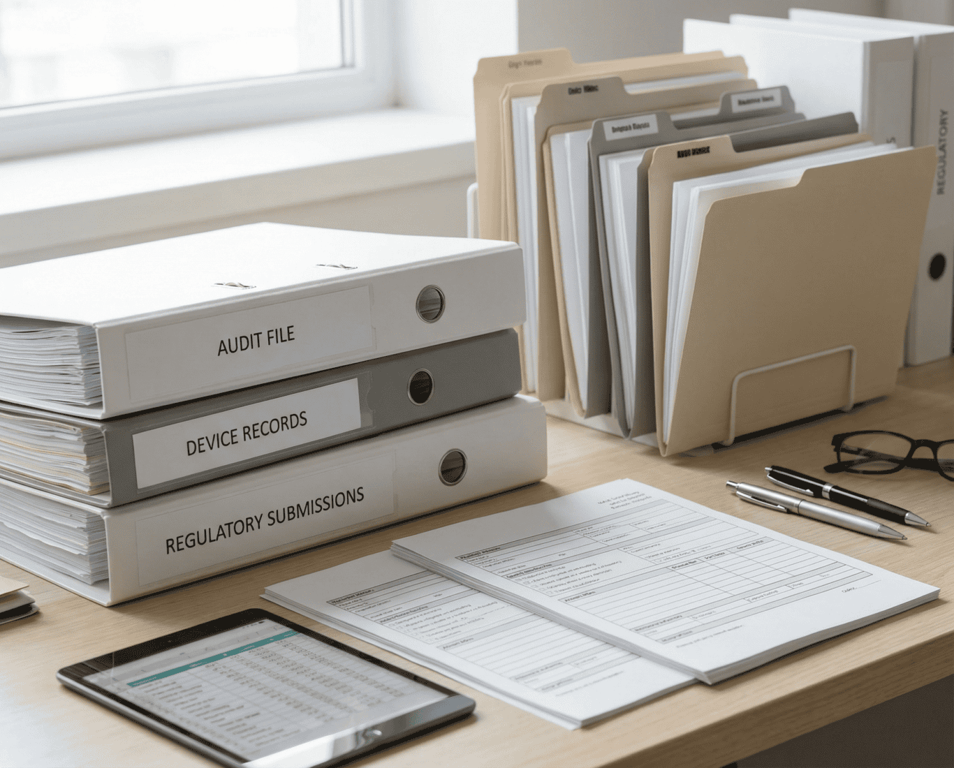A desk with stacked binders labeled “Audit File,” “Device Records,” and “Regulatory Submissions,” next to organized file folders, documents, a tablet, pens, and a pencil by a bright window.
