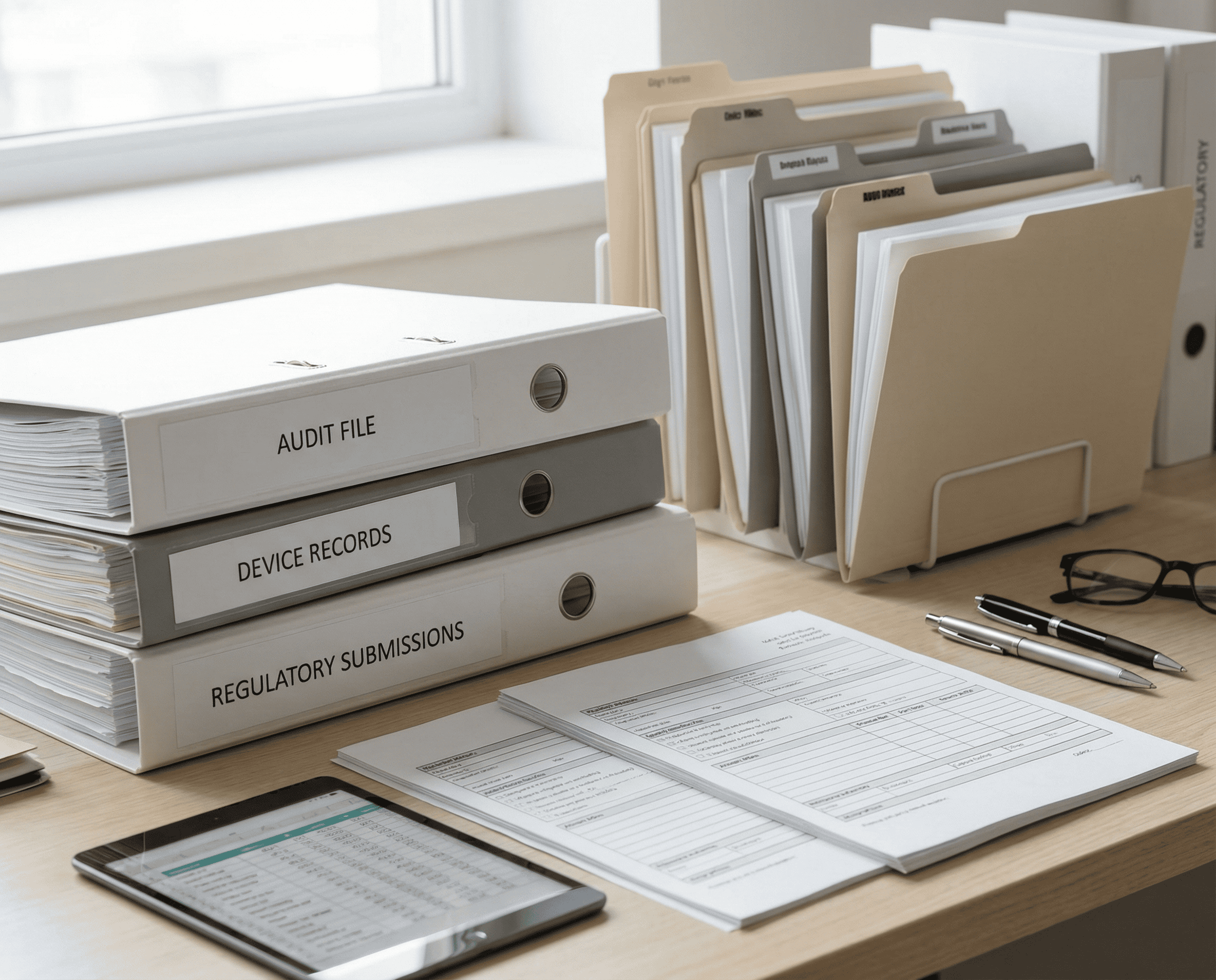 A desk with stacked binders labeled “Audit File,” “Device Records,” and “Regulatory Submissions,” next to organized file folders, documents, a tablet, pens, and a pencil by a bright window.