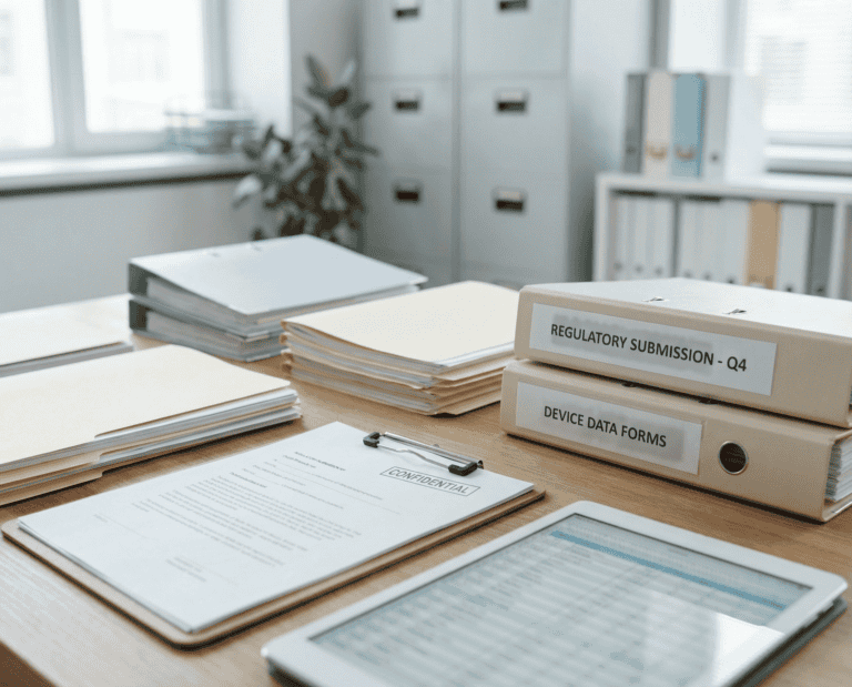 A desk with neatly stacked folders, binders labeled “Regulatory Submission – Q4” and “Device Data Forms,” a clipboard with documents, and a tablet in an organized office setting with shelves in the background.