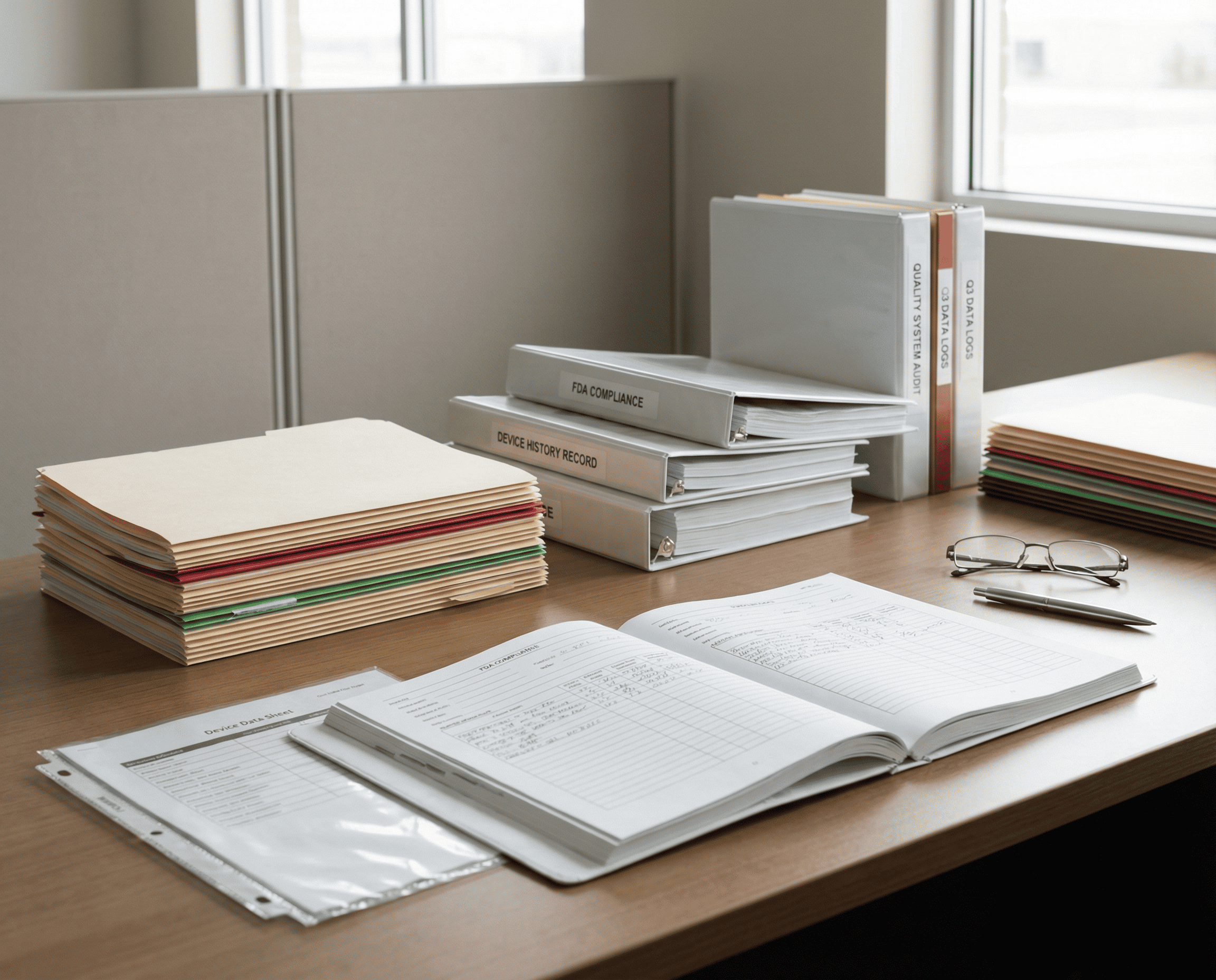 A desk with open logbooks, several stacked folders in various colors, binders labeled with documents, a clear plastic sheet with a printed form, and a pair of eyeglasses near a window.
