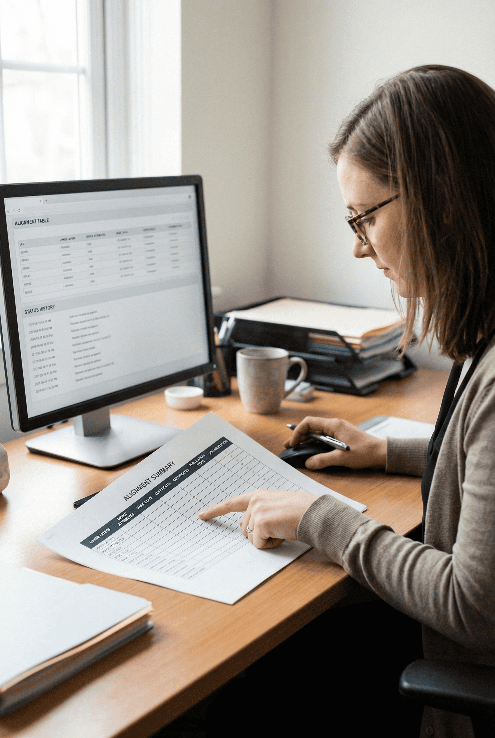 A woman sits at a desk with a computer displaying a spreadsheet, holding a printed balance summary sheet, and pointing at it with her finger. She appears to be reviewing financial information.