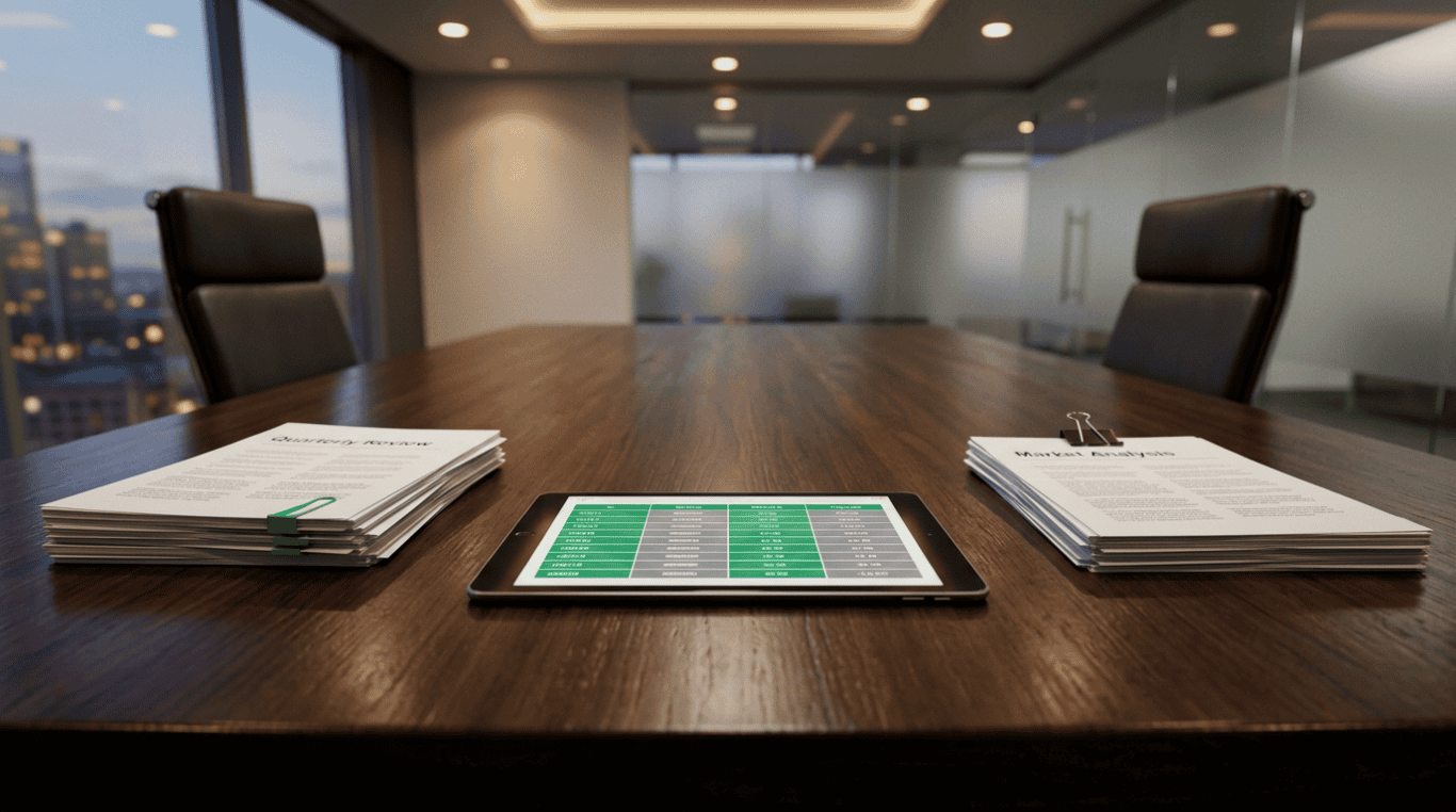 A modern conference room with a wooden table, piles of documents on each side, and a tablet displaying a spreadsheet in the center. Large windows and glass walls provide a view of an office building exterior.