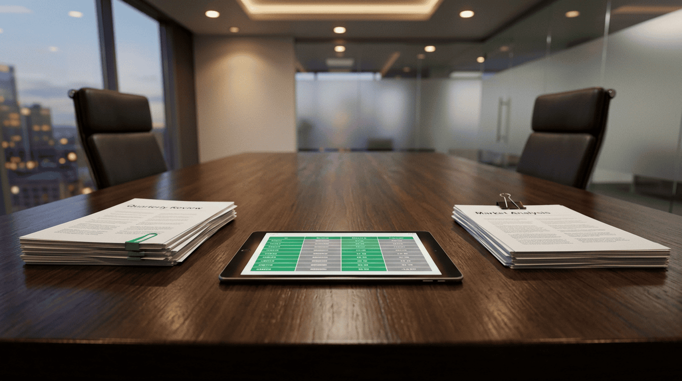 A modern conference room with a wooden table, piles of documents on each side, and a tablet displaying a spreadsheet in the center. Large windows and glass walls provide a view of an office building exterior.
