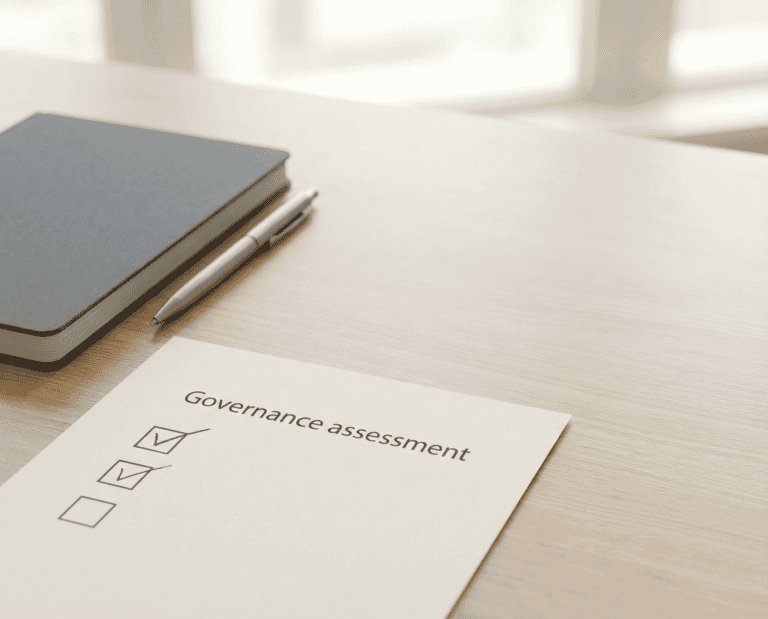 A checklist titled "Governance assessment" with three checked boxes sits on a wooden desk next to a closed notebook and a pen, with soft natural light coming through a window in the background.