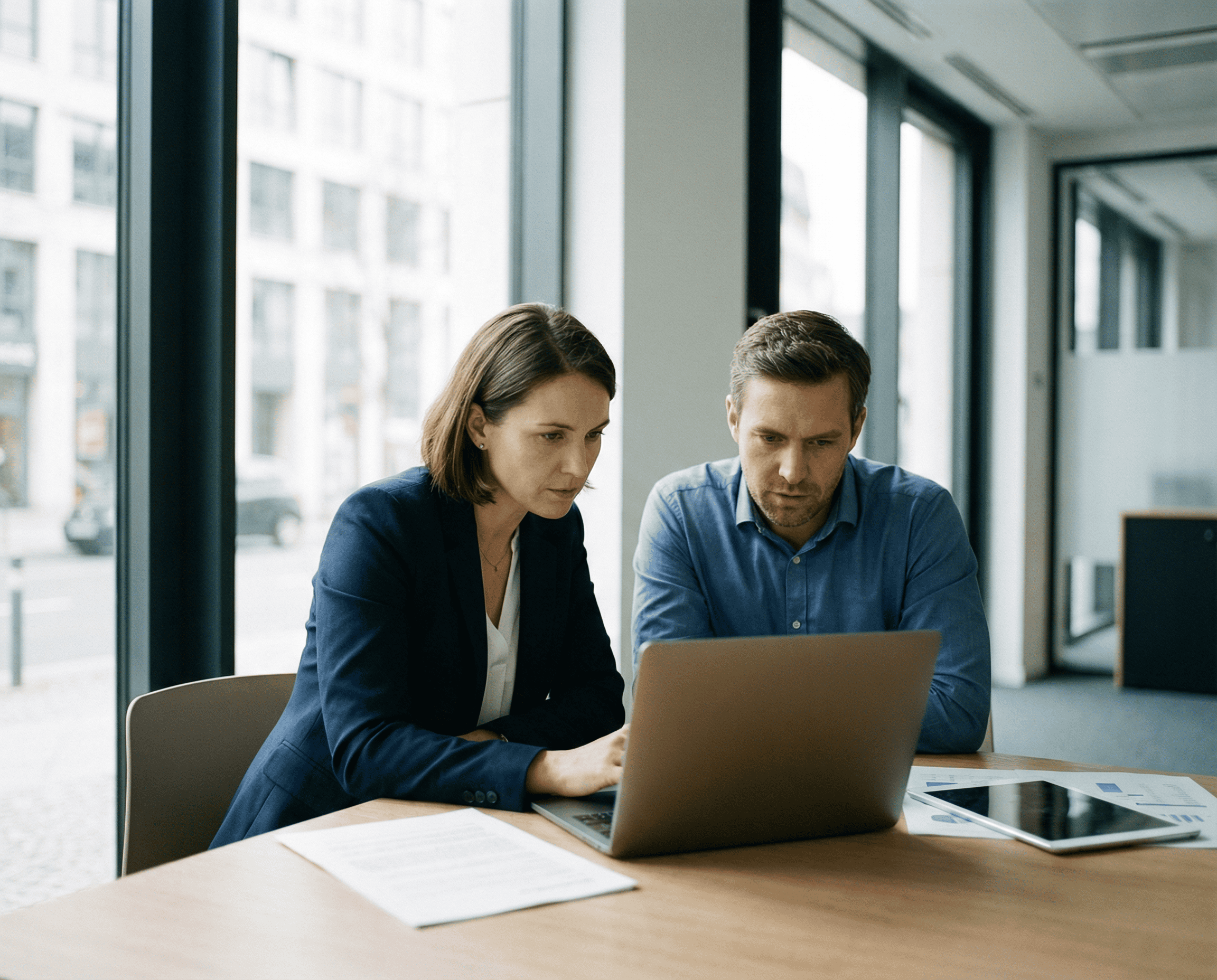Two people sit at a table in a modern office, looking at a laptop screen together. Papers and a tablet are on the table, and large windows let in natural light from outside.