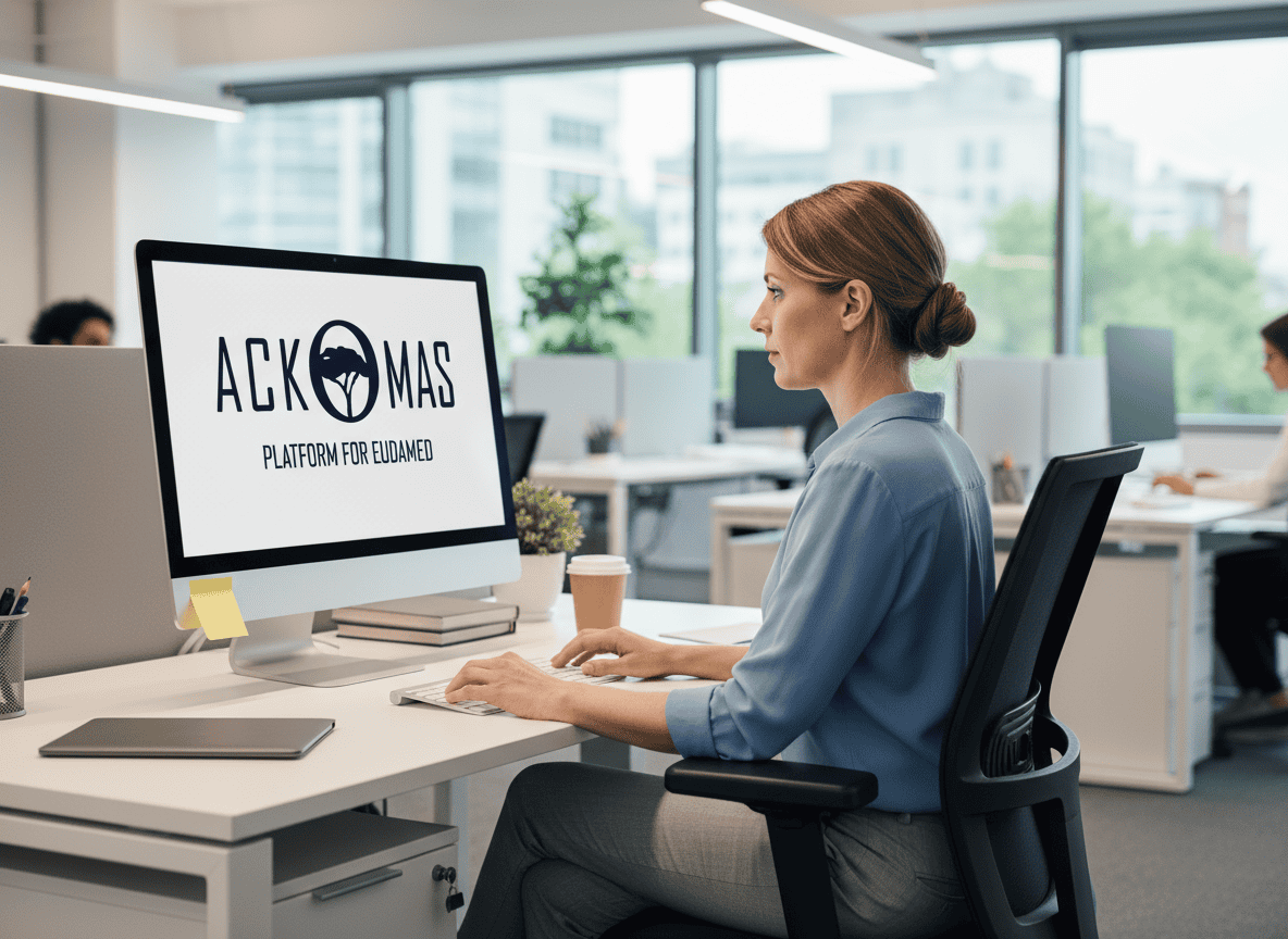 A woman sits at a modern office desk, working on a computer displaying the text “ACK MAS Platform for EduMed.” The workspace is bright and professional, with large windows in the background.