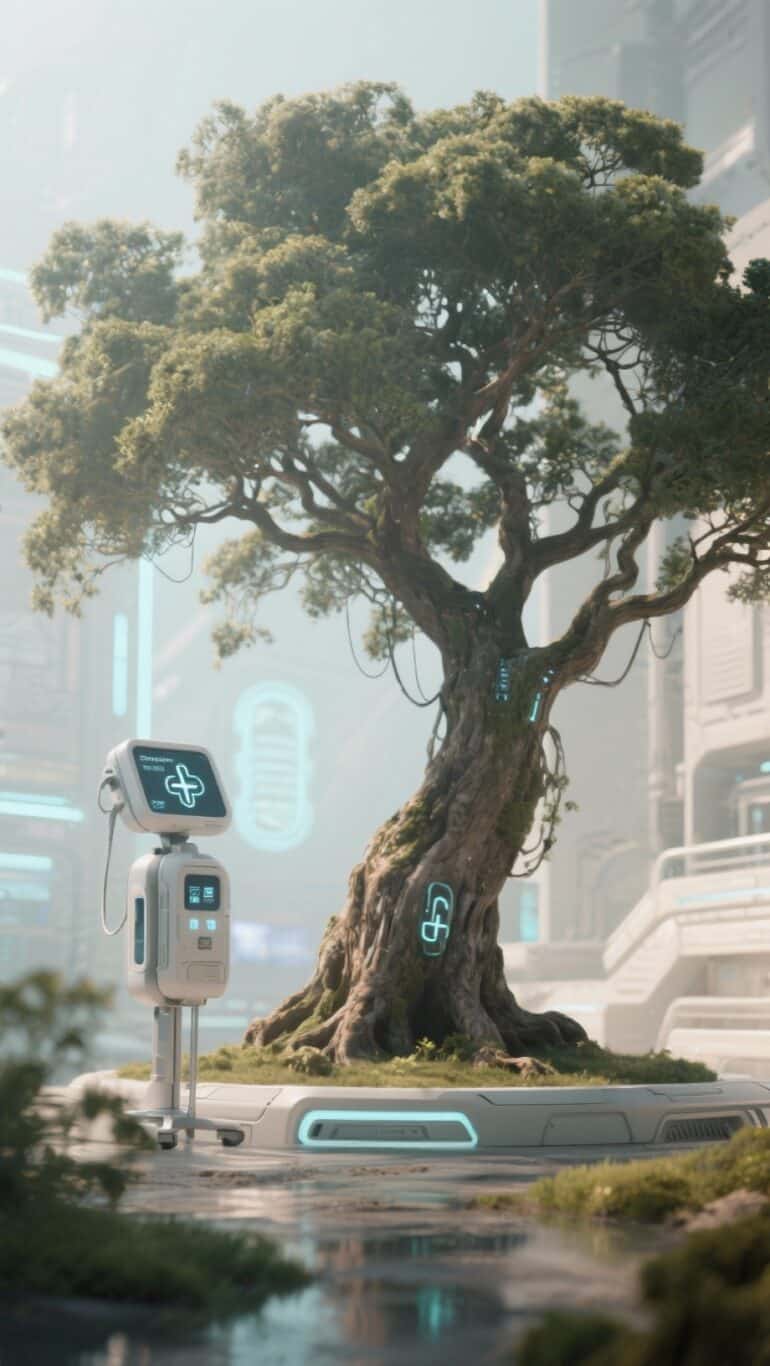 A large tree with glowing blue medical symbols stands on a futuristic platform, surrounded by advanced technology and a medical kiosk, blending nature with high-tech healthcare in a sci-fi cityscape.