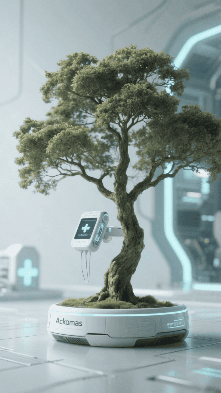 A small tree grows in a futuristic indoor setting, rooted in a circular base labeled “Ackomas.” A medical device with a screen and cables is attached to the tree, suggesting advanced technology and care.