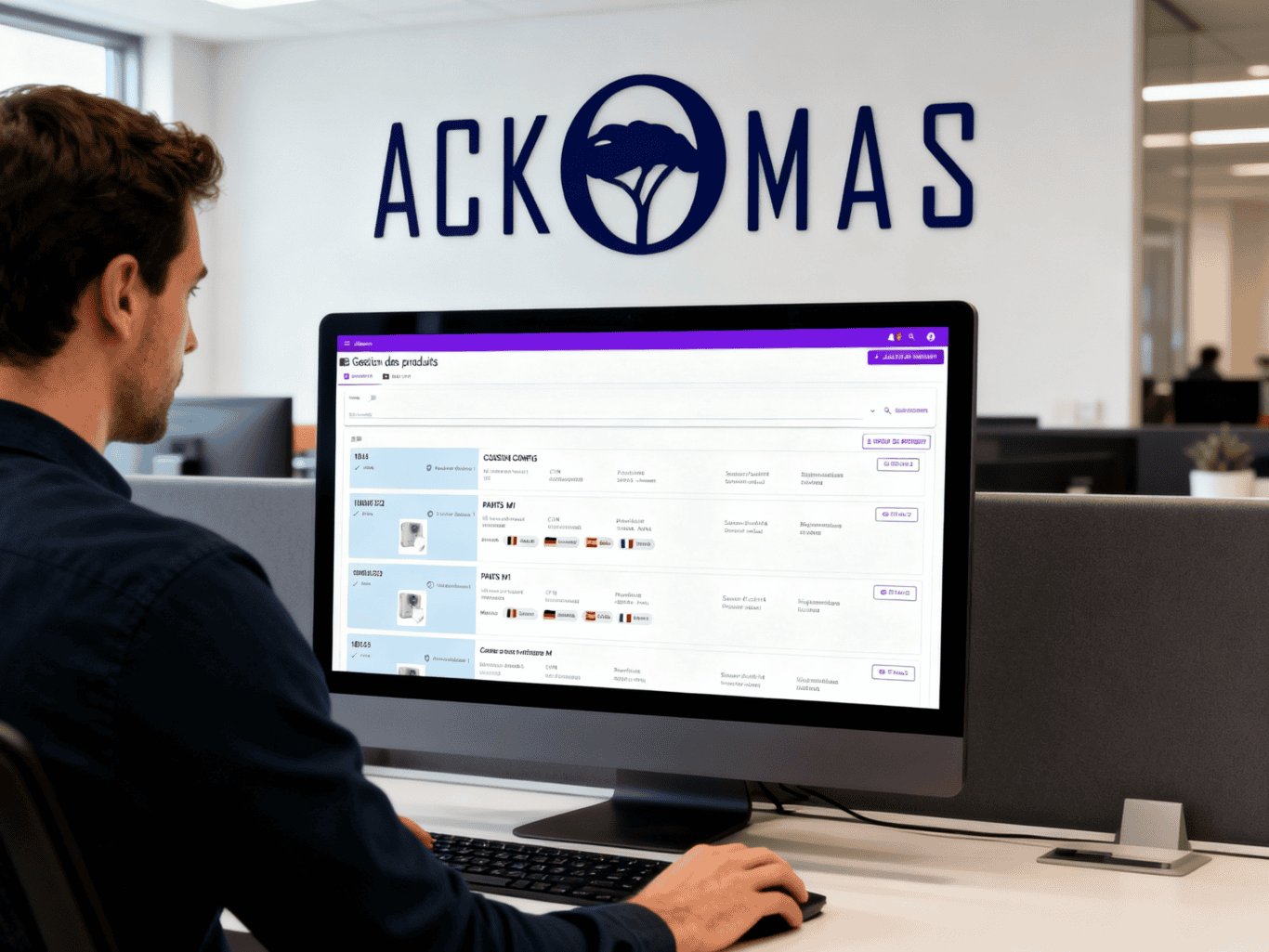 A man sits at a desk using a desktop computer in a modern office. The screen displays a product management interface. On the wall behind him is a logo and the word “ACKOMAS” with a stylized tree.