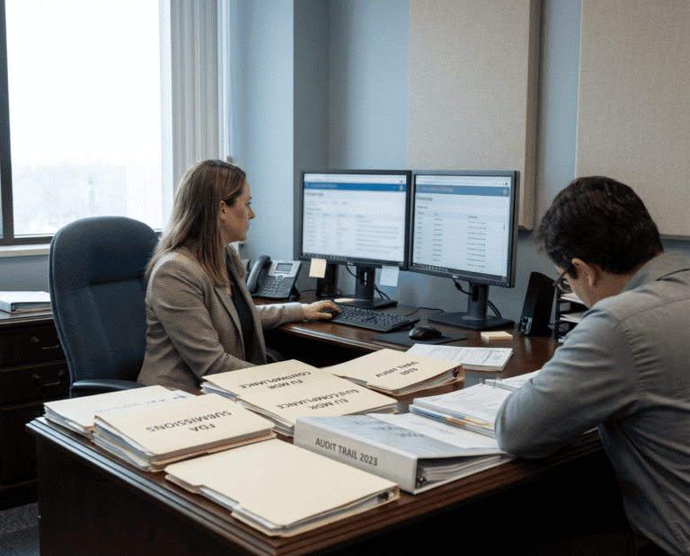 Two office workers sit at a desk with paperwork and folders labeled "Tax Submissions" and "Audit Trail 2023." One types at a dual-monitor computer; the other reviews documents. The office has large windows and light-colored walls.