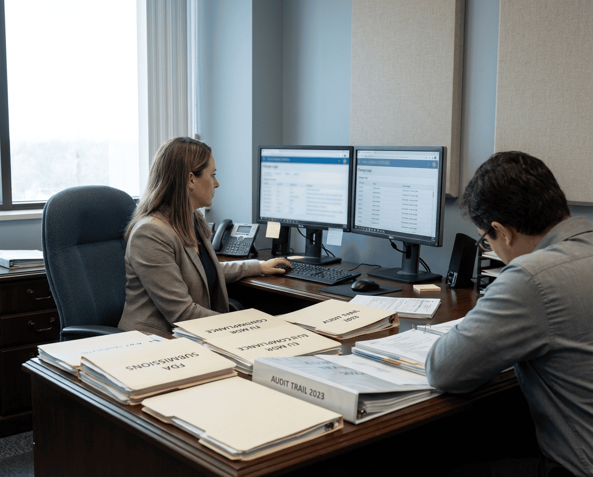 Two office workers sit at a desk with paperwork and folders labeled "Tax Submissions" and "Audit Trail 2023." One types at a dual-monitor computer; the other reviews documents. The office has large windows and light-colored walls.