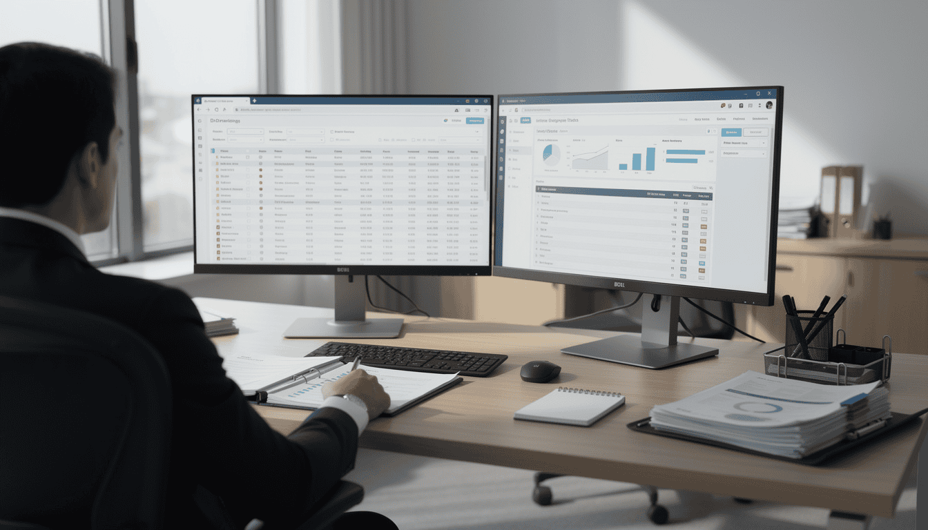 A person in business attire sits at a desk working on a computer with two monitors displaying data tables, graphs, and charts. Notebooks, papers, and a pen are on the desk in a bright office.