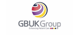 GBUK Group logo featuring a circular abstract design in purple, red, yellow, and white above the words "GBUK Group" and the tagline "Enhancing Patient Care.