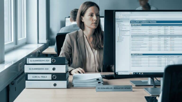 Regulatory affairs professional reviewing medical device registration data on computer.