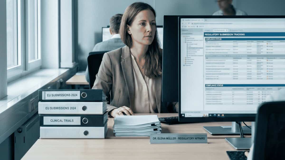 Regulatory affairs professional reviewing medical device registration data on computer.
