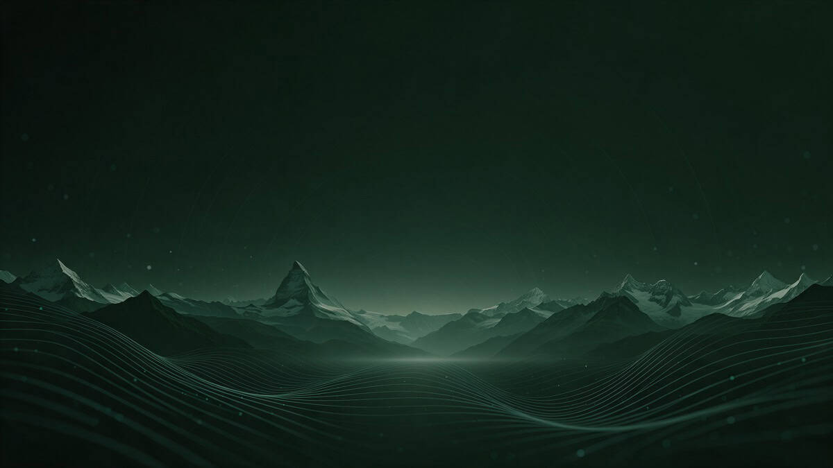 Futuristic landscape with wavy grid lines and distant mountains under a dark sky.